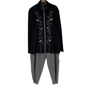 NWT Koret Womens 2PC Set 3X Jacket Pants Black Grey Embroidered Casual Relaxed